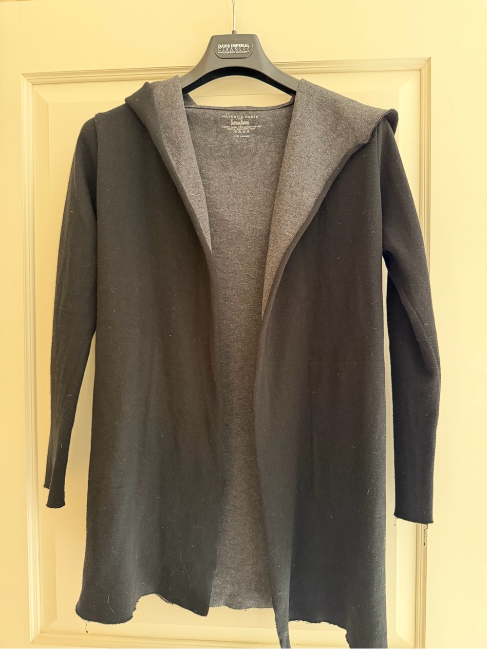 Majestic Black Hooded Knit Coatigan with Gray Lining